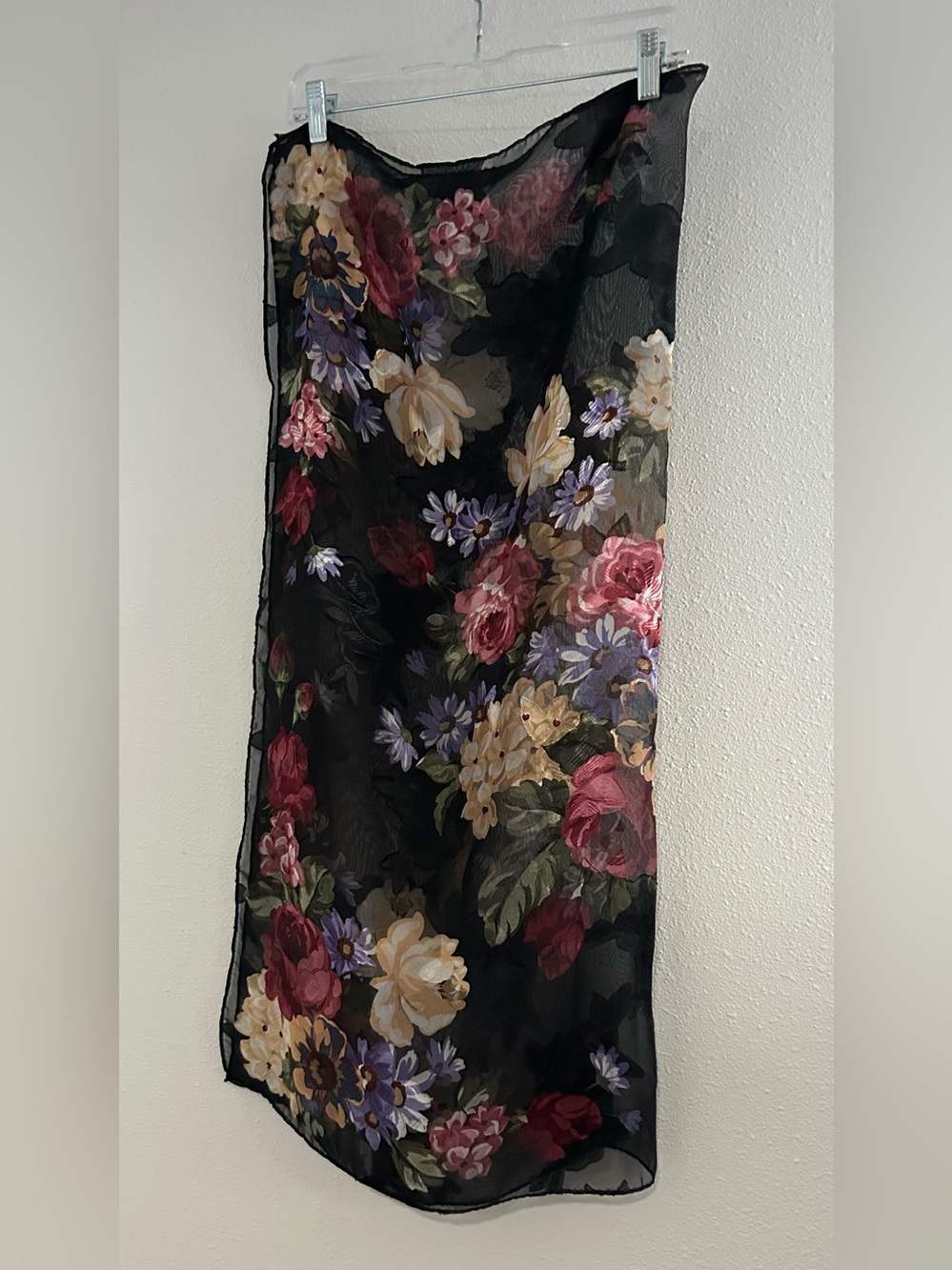 Sheer Black Floral Scarf with Multicolor Bouquet Print